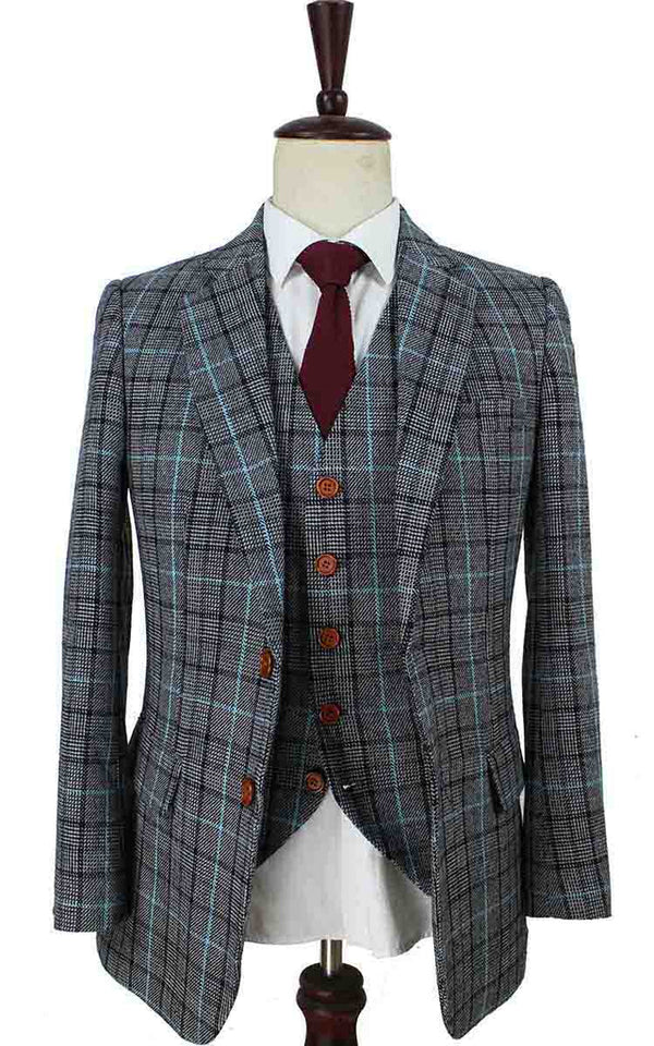 Costume 3P Tweed Pied de Poule Gris-Bleu - Stratos