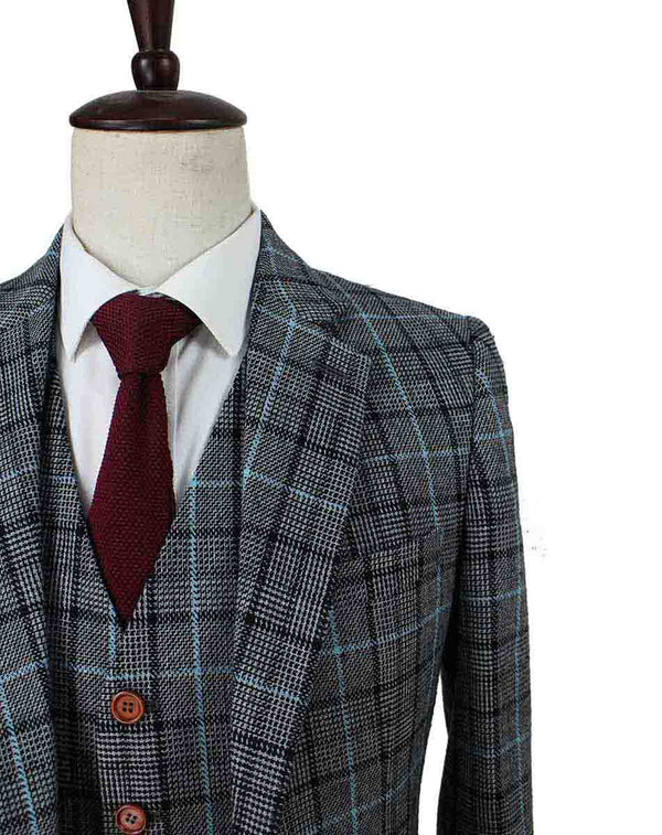 Costume 3P Tweed Pied de Poule Gris-Bleu - Stratos